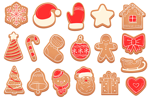 Gingerbread. Christmas cookies new years bell, xmas tree, snowflakes and star, santa and snowman, gingerbread man and house vector set. Biscuits in form of gift box, heart, mitten and bow