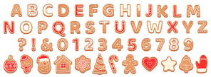 Gingerbread alphabet. christmas cookies and biscuit letters for xmas holiday message. pastry gingerbread english childish font Vector set abc christmas, sweet typeface gingerbread illustration