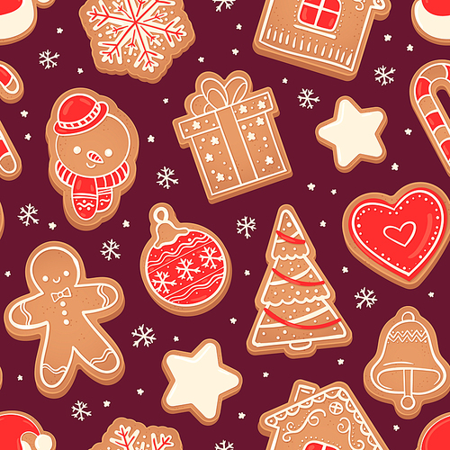 Gingerbread seamless pattern. Xmas cookies red heart, fir tree, snowman and bell, star and snowflake vector texture. Gift or present box and house biscuits fabric vector illustration