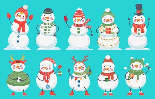 Snowman. Cute christmas snowmen in winter clothes, hats and scarf. Happy xmas vector cartoon characters with gift boxes, new year decoration as balls, colorful flags, coffee cup and candy cane