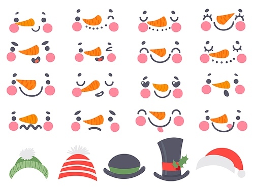 Snowman faces. Cute christmas snowmen heads with carrot nose, eyes and mouths. Happy new year 2021 and winter holidays cartoon vector set. Faces with different emotions and various hats