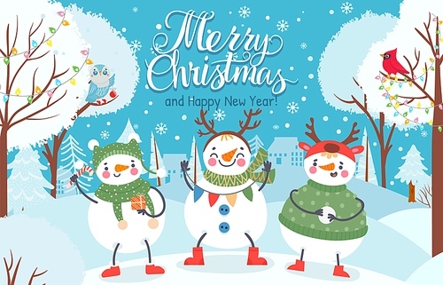 Snowman. Cute funny snowmen in winter clothes with gift and snowball outdoor. Christmas and happy new year greeting card vector background. Characters in scarf, hats and sweater under snowfall