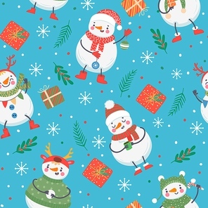 Snowman seamless pattern. Cute funny snowmen in winter clothes with gift, snowball and snowflakes. Christmas and new year vector texture. Characters in scarf, sweater and hat, holly berry