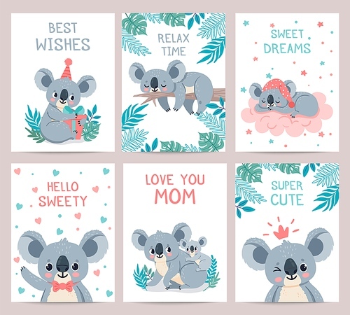 Koala posters cards. Prints with cute sleeping koalas. Australian baby bear hugs mother. Party invitation with jungle animal, vector set. Illustration card invitation party, lazy koala exotic animal