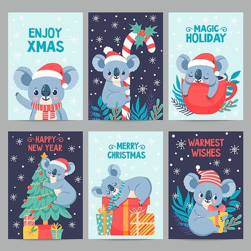 Koala christmas. Happy animals with gift boxes. Cute merry christmas cards with koalas. Little australian bear in winter holiday vector set. Illustration cartoon koala postcard, holiday xmas card