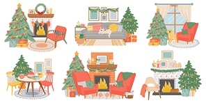 Christmas interiors. New year decorated room with pine tree, fireplace, cozy chairs, cat and dog. Home winter holiday atmosphere vector set. Illustration fireplace interior, present traditional