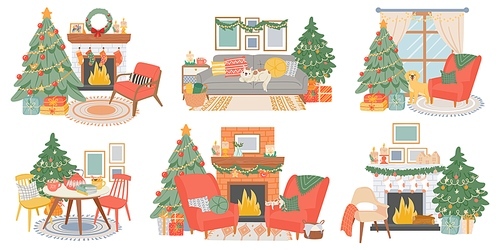 Christmas interiors. New year decorated room with pine tree, fireplace, cozy chairs, cat and dog. Home winter holiday atmosphere vector set. Illustration fireplace interior, present traditional