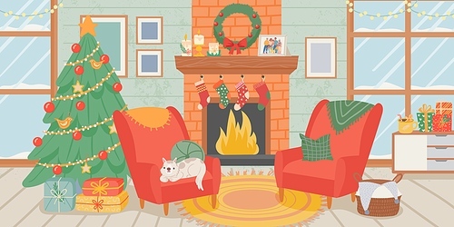 Christmas living room interior. New year home decoration, xmas tree gift boxes, dog and fireplace with socks. Cozy winter vector scene. Christmas, and new year fireplace, holiday interior illustration