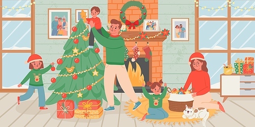Family celebrate christmas at home. Parents and children decorate xmas tree in living room interior with fireplace. New year vector poster. Happy christmas at home, new year celebration illustration