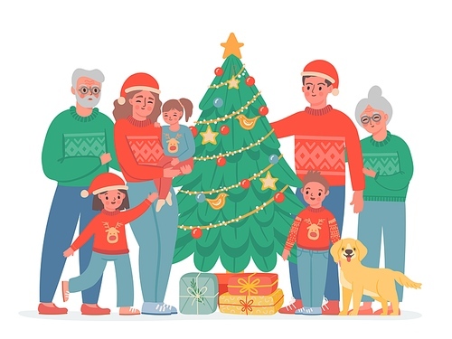 Big christmas family. Grandma, grandpa, mom and dad, kids and dog in sweaters and santa hat. Vector family portrait with decorated pine tree.. Happy family, grandchildren and grandparents