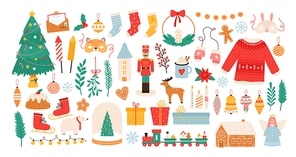 Christmas stickers. Winter holiday decorations, xmas tree, gift boxes, baubles, masks, candles and gingerbread man. New Year flat vector set. Illustration gingerbread and gift design, decoration xmas