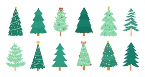 Christmas trees. Merry xmas decorated tree with candles, candy, toys, star and tinsel. New Year traditional winter holiday pine vector set. Illustration merry decoration christmas tree, winter holiday