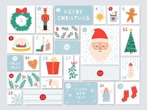 Christmas advent calendar. December days countdown with presents. Holidays handicraft calendar with numbers and boxes vector template. Illustration christmas winter card, december calendar countdown