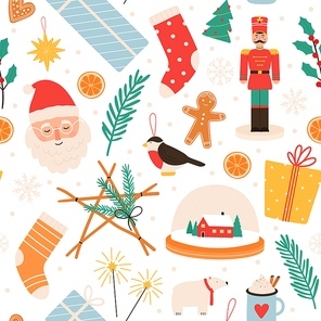 Christmas seamless pattern. Merry winter holidays and Happy New Year with gifts, gingerbread, santa, nutcracker and tree toys, vector , seamless winter merry christmas decoration illustration