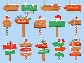 North pole signs. Christmas wooden street signboad with snow. Arrow signpost direction Santa. Winter holiday toy shop vector set. Signboard and signpost, snowy board for merry christmas illustration