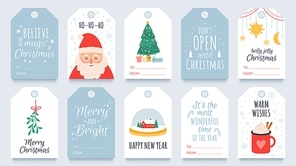 Christmas tag. Merry winter holidays gift tags with greetings, santa, mistletoe and tree. Happy new year and xmas present labels vector set. Greeting tag decorative, tradition shopping label