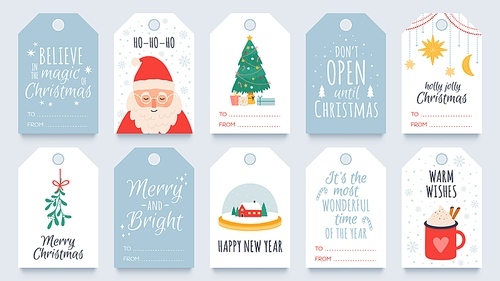 Christmas tag. Merry winter holidays gift tags with greetings, santa, mistletoe and tree. Happy new year and xmas present labels vector set. Greeting tag decorative, tradition shopping label