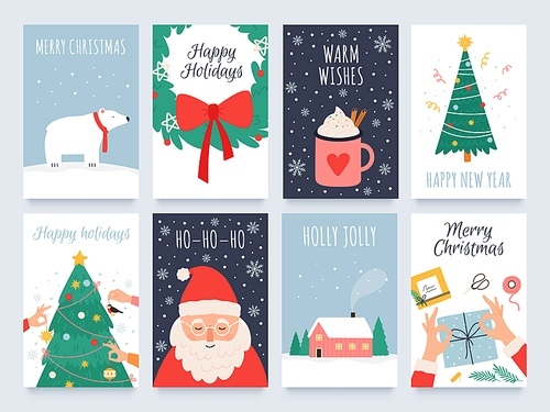 Scandinavian christmas cards. Cozy winter holiday, noel and new year celebrations with cute santa, polar bear and tree vector set. Illustration christmas greeting poster and card to winter holiday