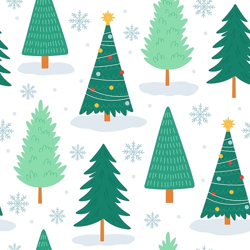 Christmas tree seamless pattern. Noel  with snowflakes, xmas decorated and forest trees. Winter holiday cute tree vector wallpaper. Seamless pattern christmas tree, ornament holiday illustration