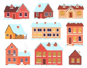 Winter houses. Village, town and rural cottages with snow caps and drifts. Christmas wooden cabin with chimney. Buildings facade vector set. Collection buildings in snow, winter house illustration