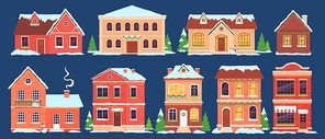 Christmas houses. Buildings with snow caps decorated for winter holidays with lights, xmas tree and wreath. Cartoon town cottages vector set. Illustration christmas building in snow