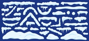 Cartoon snowdrifts. Winter snow piles, drifts, window and roof caps, lines and borders with icicles. Christmas frost decoration vector set. Illustration pile ice and snow drift element