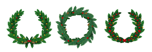 Realistic merry christmas natural wreaths with pine branches. Green fir wreath decorated with holly leaves, red berry and balls vector set. Celebration wreath realistic with garland illustration