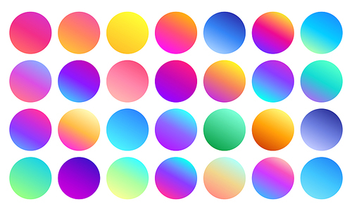 Vivid gradient spheres. Minimalist multicolor circles, abstract 80s vibrant colors and modern gradients sphere. Purple and cyan futuristic button isolated vector symbols set