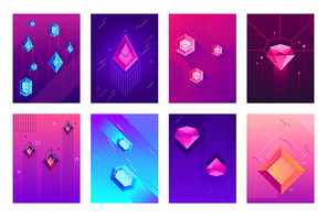 Abstract crystals poster. Precious jewel crystal stones, jewels diamond gems and hipster gem posters. Crystallize banner, crystalization diamonds gradient isolated vector background set
