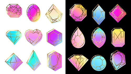 Gems with gradients. Jewelry stone, abstract colorful geometric shapes and trendy hipster diamond. Magic stone gradient items, crystallizing mineral holographic logo. Isolated vector symbols set