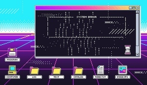 Vaporwave 80s interface screen. Retro terminal or old computer screen, virtual hack attack and program glitch system error vector illustration. Nostalgic OS desktop with graphical control elements.