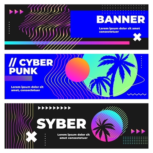 cyberpunk banners. palm leaves and sunset in a bright neon lights in circle . vaporwave, retrowave or synthwave style of 80s or 90s. retro trendy design with grid vector illustration