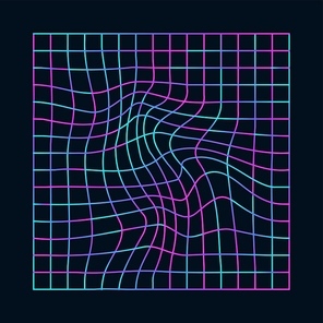 Cyberpunk distorted neon grid. Synthwave, vaporwave. Technology background with different colors, holographic laser grid. Trendy retro 80s, 90s style, futuristic element vector illustration