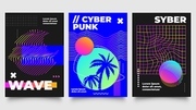 cyberpunk poster. futuristic background with summer sunset and palm trees in circle . striped figures and geometric shapes for music album cover, event vector illustration set