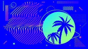 cyberpunk bright blue background with palm trees in circle  with wavy lines or stripes. synthwave or retrowave style of 80s or 90s with dots, zigzags and shapes vector illustration