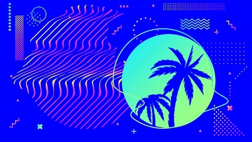 cyberpunk bright blue background with palm trees in circle  with wavy lines or stripes. synthwave or retrowave style of 80s or 90s with dots, zigzags and shapes vector illustration