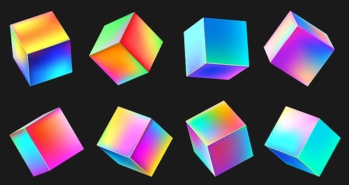Holographic realistic 3D metal cube set. Neon color geometric element in different positions. Square with bright colorful gradients collection isolated on black vector illustration