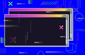 Vaporwave cyberpunk glitch retrofuturistic background with opened windows. User interface with neon color with coding numbers. Retro message box elements, bright backdrop vector illustration