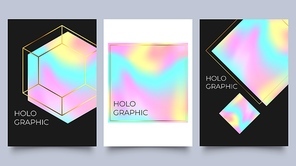 Holographic poster set. Spectrum with gradient mesh and geometric shapes with gold frames. 90s, 80s retro style. Pearlescent template for abstract cover collection vector illustration