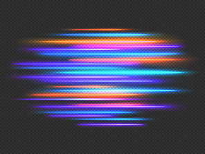Speed lights effect. Neon fast movement dynamic horizontal lines. Futuristic race, night light motion blur. Speedy stripes vector background. Illuminated traffic way, colorful shine