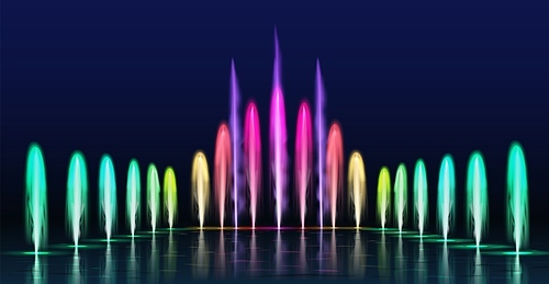 Fountains show. Realistic colored dancing water jets in night. Fountain cascade with lights for park decoration, 3d aqua sprays vector set. Realistic show illuminated, beautiful entertainment design
