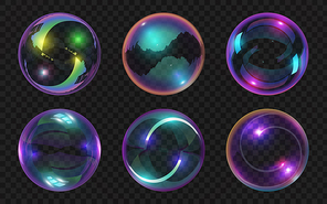 Realistic transparent soap bubbles with shiny abstract reflections. Magic glass balls glossy effect. Water colorful foam bubble vector set. Beautiful flying transparent balloons isolated