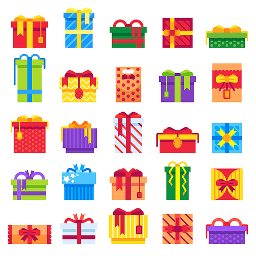 Christmas Gift. Winter festive presents box, secret Santa happy holiday gifts wrap packaging and square holidays birthday or Xmas present boxing, surprise isolated vector icons set