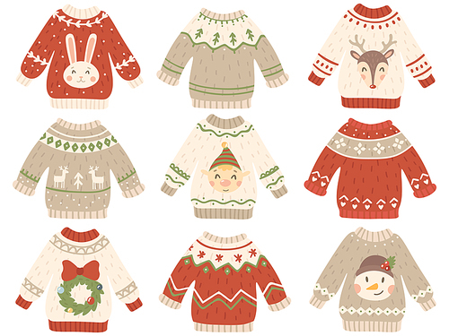 Cute christmas jumper. Xmas ugly sweater clothes with funny snowman, Santas helpers and Santa beard. Winter fashion tacky funny grandmother gift wool jumpers, pullover vector isoleted icon set