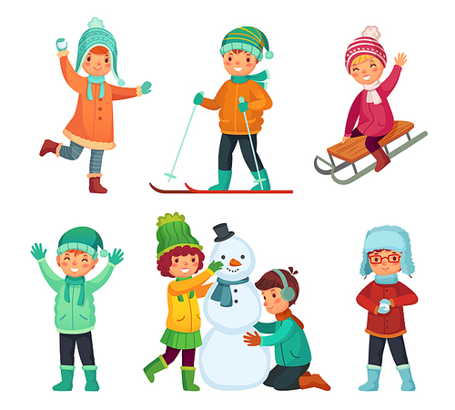 Cartoon winter kids. Children play in winters holiday, sledding and making snowman and snowball. Childrens characters, child playing cold snow holidays Xmas game vector isolated icons set