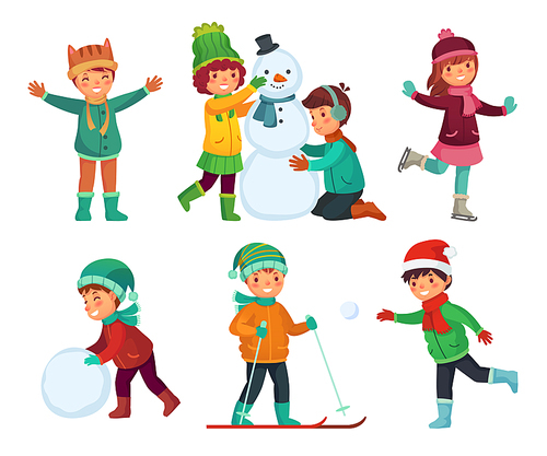 Happy kids winter activities. Children playing with snow. Cartoon fun laughing kid characters playing, making snowman, skiing in winters hats, scarf and mittens Xmas vector isolated icons collection
