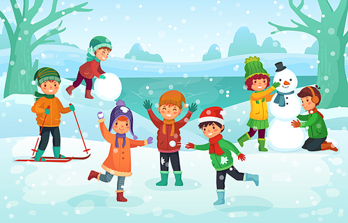 Winter fun for kids. Happy cute children playing outdoors in winters hats. Friends building snowman with snow and playing balls in snowy park. Christmas winter holiday cartoon vector illustration