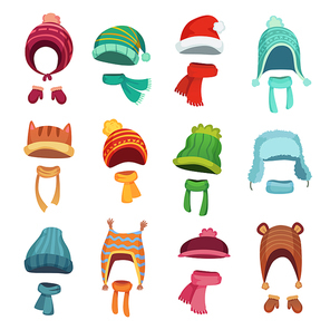 Winter kids hat. Warm childrens hats and scarves. Headwear and autumn scarf accessories for boys and girls, knit cap outfit for mobile application, cartoon vector isolated icons set