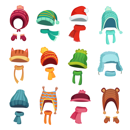 Winter kids hat. Warm childrens hats and scarves. Headwear and autumn scarf accessories for boys and girls, knit cap outfit for mobile application, cartoon vector isolated icons set