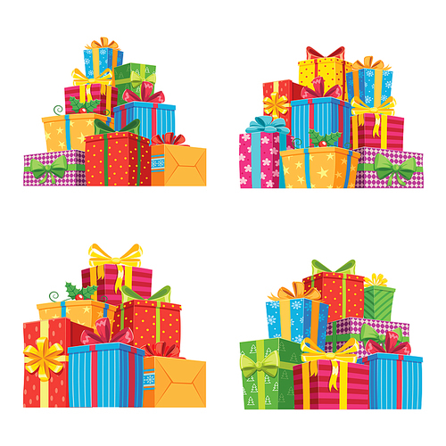 Christmas presents in gift boxes. Birthday present box, xmas or wedding anniversary, valentine gifts pile with ribbon. Holiday greeting isolated vector icons illustration set